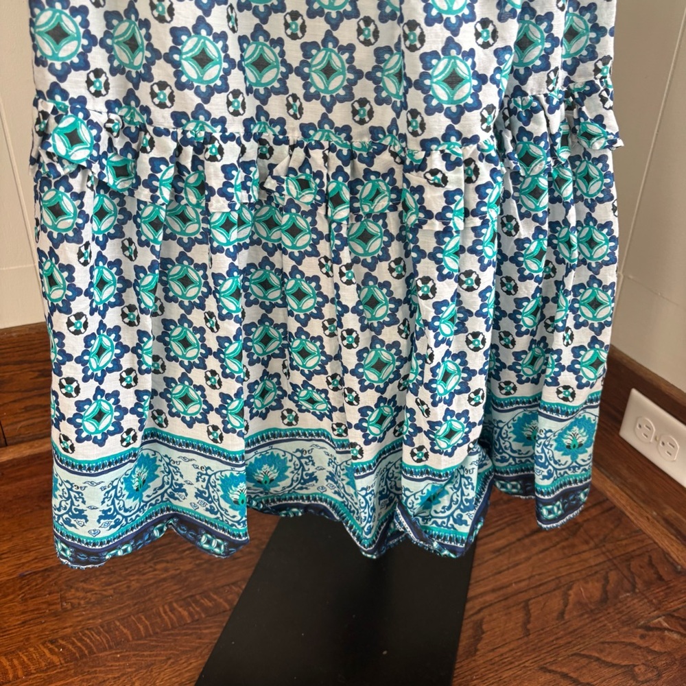 Lucky Brand Tiered Cotton Maxi Dress Blue Teal Spanish Tile Floral Womens XS NWT - Picture 5 of 10